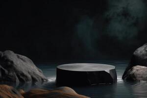 Product presentation mock-up with rocks and water. Podium with copy space. Stage, display, showroom. Empty scene. . photo