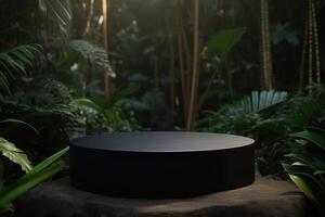 Product presentation mock-up with plants leaves. Podium with copy space. Stage, display, showroom. Empty tropical scene. Jungle theme. . photo