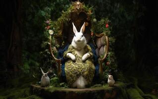A rabbit sitting on a royal throne with an elegant and luxurious style. The background is a forest. photo