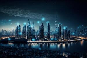 Night city Cyber punk landscape concept. Light glowing on dark scene. Night life. Technology network for 5g. Beyond generation and futuristic of Sci-Fi Capital city and building scene. . photo