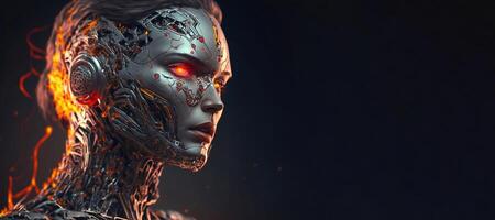 Cyborg Artificial intelligence with luminous eyes and physical metal body. Robotic synthetic futuristic scifi. . photo