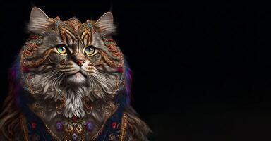 The Royal cat with luxury dress costume. Close up Portrait King cat with throne and crown. . photo