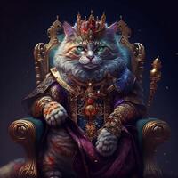 The Royal cat with luxury dress costume. Close up Portrait King cat with throne and crown. . photo