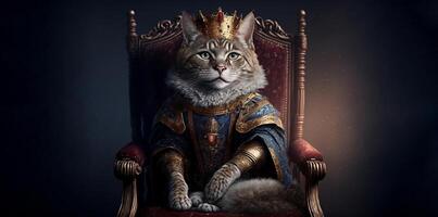 The Royal cat with luxury dress costume. Close up Portrait King cat with throne and crown. . photo