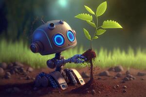 Cartoon cute Robot planted seedling young tree into the soil. Rehabilitation of natural resources to help world form global warming. Green environment. . photo