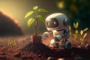 Cartoon cute Robot planted seedling young tree into the soil. Rehabilitation of natural resources to help world form global warming. Green environment. . photo