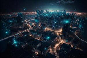 Night city Cyber punk landscape concept. Light glowing on dark scene. Night life. Technology network for 5g. Beyond generation and futuristic of Sci-Fi Capital city and building scene. . photo