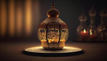 Holy month of Ramadan concept. Burming, glowing golden lamp, on wooden table, photo