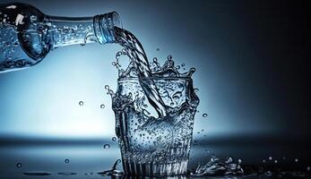 Pouring water from bottle into glass on blue black background, photo