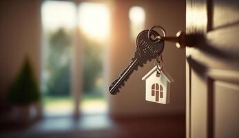 Key with keychain in a house shape in the door keyhole. Buy new home concept. Real estate market, photo