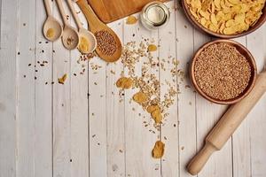 wooden kitchen items healthy breakfast view from above photo