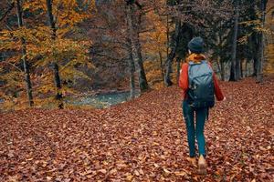mujer turista con un mochila caminando en el parque con caído hojas en otoño en naturaleza foto