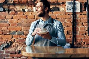 funny male waiter coffee cup restaurant service professional photo