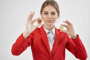 Businesswoman Red jacket virtual money economy isolated background photo