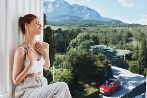 beautiful woman in hotel mountains luxury nature photo