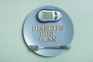 Diabetes Diet Plan text. Glucometer and plate on colored background photo