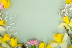 Spring flowers flat lay frame composition on colored background with copy space. Daffodils and willow with carnations top view photo