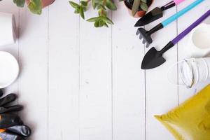 Soil, pots, plants and gardening tools flat lay, top view. Home planting, gardening concept. photo