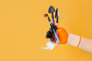 A hand in a glove holds gardening tools on orange background. Gardening concept photo