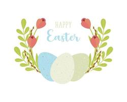 Happy Easter holiday card. Eggs pastel colors, floral flowers round frame. vector