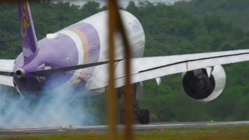 PHUKET, THAILAND NOVEMBER 27, 2017 - Thai Airways Airbus A350 HS THB approaching and landing on the Phuket airport. Mai Khao beach video