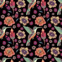 Seamless floral pattern with hummingbirds and flowers vector