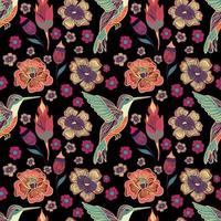 Seamless floral pattern with hummingbirds and flowers vector