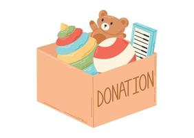 Cartoon Cardboard Donation Box with Toys. Social support for poor children. Flat illustration of pyramid, teddy bear, piano and ball. vector