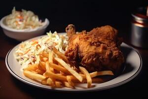 A plate of golden brown fried chicken, served with crispy French fries and potato photo
