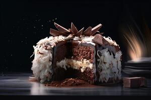 delicious cake covered with chocolate and cheese on a dark background photo