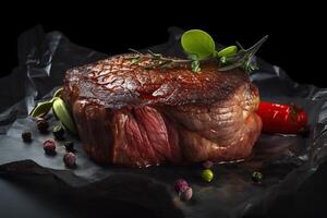 Delicious detailed photo of beef with black background and blur with sliced tomatoes and leaves on top