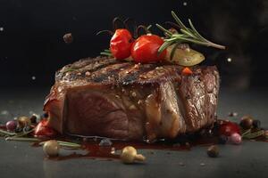 Delicious detailed photo of beef with black background and blur with sliced tomatoes and leaves on top
