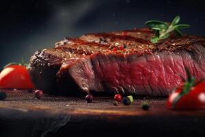 Delicious photo of beef detailed with black background and blur with sliced tomatoes and leaves