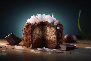delicious cake covered with chocolate and cheese on a dark background on top table photo