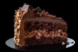 Detailed photo of sponge cake wrapped and sprinkled with chocolate on a dark background on a plate