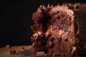 Detailed photo of a piece of sponge wrapped in chocolate with a dark background