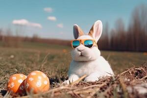 A cute white bunny wearing sunglass and sitting with two colorful Easter eggs. A stylish bunny rabbit sitting in a meadow, on a sunny day. Easter bunny with easter eggs and sunglass. Generative AI. photo