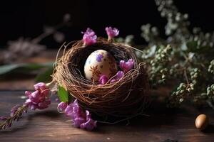 A cute painted Easter egg on a bird's nest with beautiful pink flowers and pine tree branches. Easter Sunday celebration with a decorated egg. Beautiful egg with small pink flowers. . photo