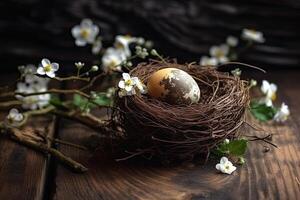 A cute bird egg on a small bird's nest with beautiful white flowers and tree branches. Cute bird nest on a wooden table with fresh white flowers. Easter egg concept with a bird's nest. . photo