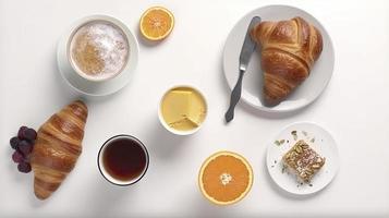 continental desayuno capturado desde encima en blanco fondo, generar ai foto