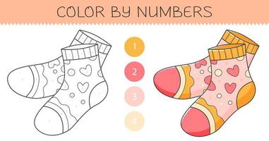 Color by numbers coloring book for kids with socks. Coloring page with cute cartoon socks with an example for coloring. Monochrome and color versions. Vector illustration.