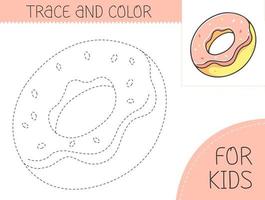 Trace and color coloring book with donut for kids. Coloring page with cartoon donut. Vector illustration for kids.