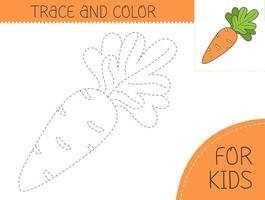 Trace and color coloring book with carrot for kids. Coloring page with cartoon carrot. Vector illustration for kids.