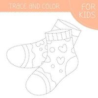 Trace and color coloring book with socks for kids. Coloring page with cartoon socks. Vector square illustration.