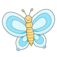 Blue butterfly in a cute doodle style. Butterfly character isolated on a white background. Vector illustration.