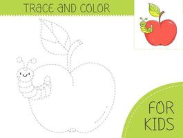 rastro y color colorante libro con manzana y gusano para niños. colorante página con dibujos animados manzana y oruga. vector ilustración para niños.