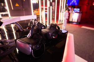 Row of VR glasses in play zone room. photo