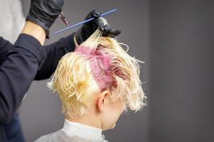 Hairdresser's hands applying pink dye photo