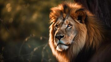 un masculino león confidente agudo mirando dentro el cámara ai generativo antecedentes foto