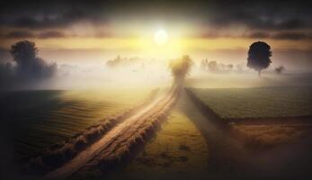 , Morning farm landscape with sun, agricultural fields in fog, beautiful countryside, country road. Nature Illustration, photorealistic top view drone, horizontal banner. photo